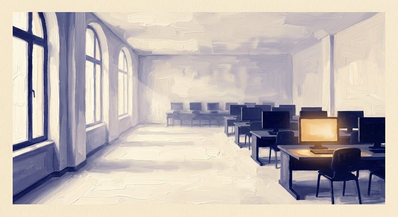 Empty institutional lab room with idle workstations and a single occupied desk in the corner