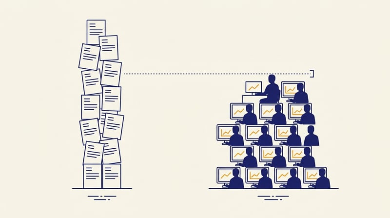 Editorial illustration of two stacked silhouettes: a tall column of resumes labelled 'AI engineers' and a shorter column of figures actually shipping code, with a dotted line measuring the difference between them.