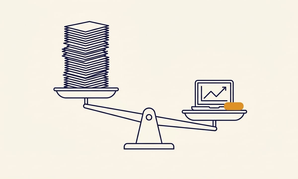 A recruiter at a desk weighing two stacks: a tall stack of certificates on the left, a single laptop showing a deployed model dashboard on the right, the right side of the scale tipping down.