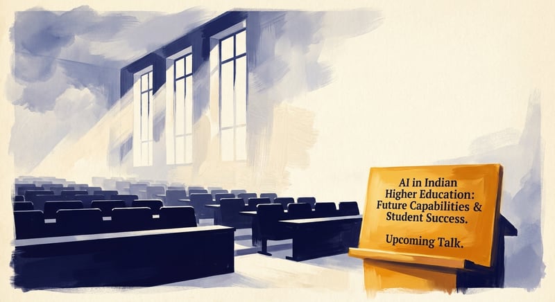 Empty lecture hall with a guest-speaker poster on a stand
