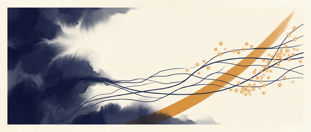 Painterly abstract on cream paper: a brooding indigo cloud-mass on the left from which thin indigo filaments flow rightward like vines, scattered amber points of light concentrating toward the right like a constellation forming, and a broad amber brushstroke sweeping across the middle.