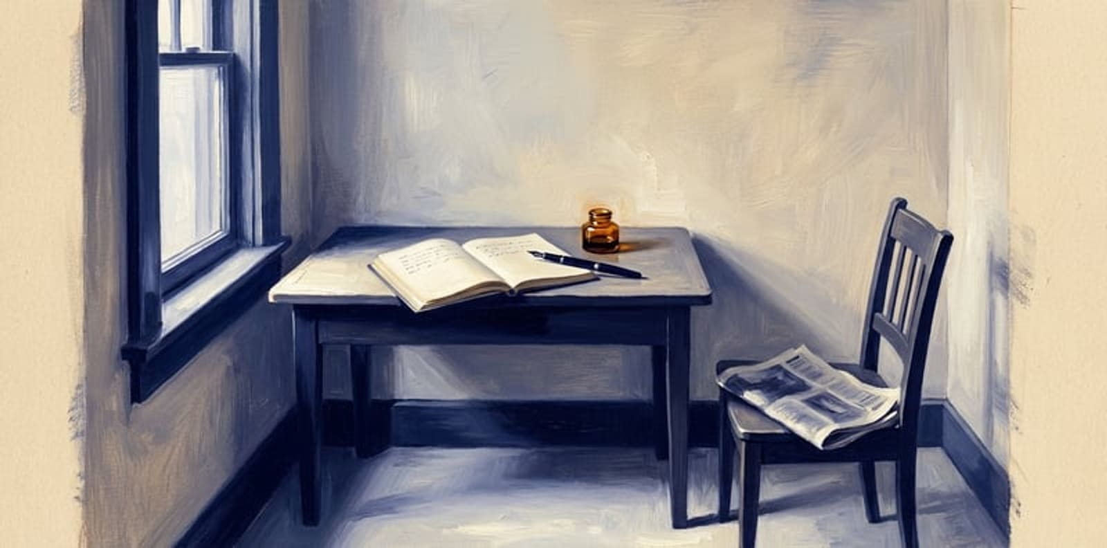 Painterly daylight composition: a small painterly indigo bench at the meadow's edge with an open notebook (warm cream pages with handwriting hairlines and an amber ink wash) resting on the seat. A leaning silhouette tree provides shade behind. A warm amber sun on the right back-lights the scene; a small flock of distant birds rides the sky above. The visual metaphor for field notes — a writer's seat in the open.