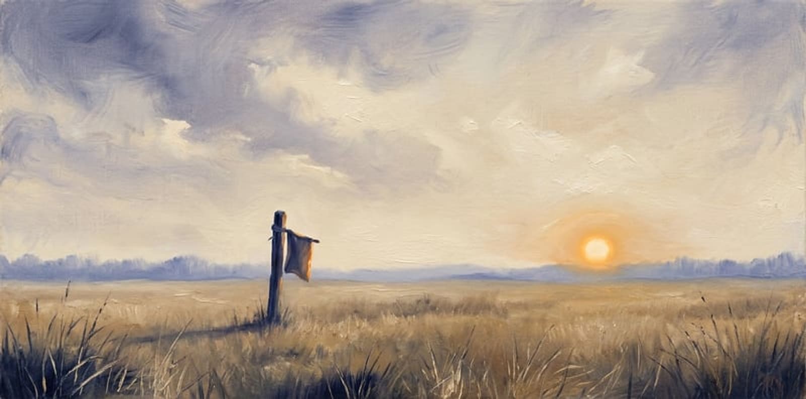 Painterly daylight composition: a winding meadow path rises from the lower foreground toward a warm amber sun directly above on the horizon. Five amber pennant-flags are planted along the path at varying distances — symbols of shipped capstones. Three small deep-indigo student silhouettes stand at the path's start with a faint amber halo above the closest figure. A small flock of distant birds in the upper sky.