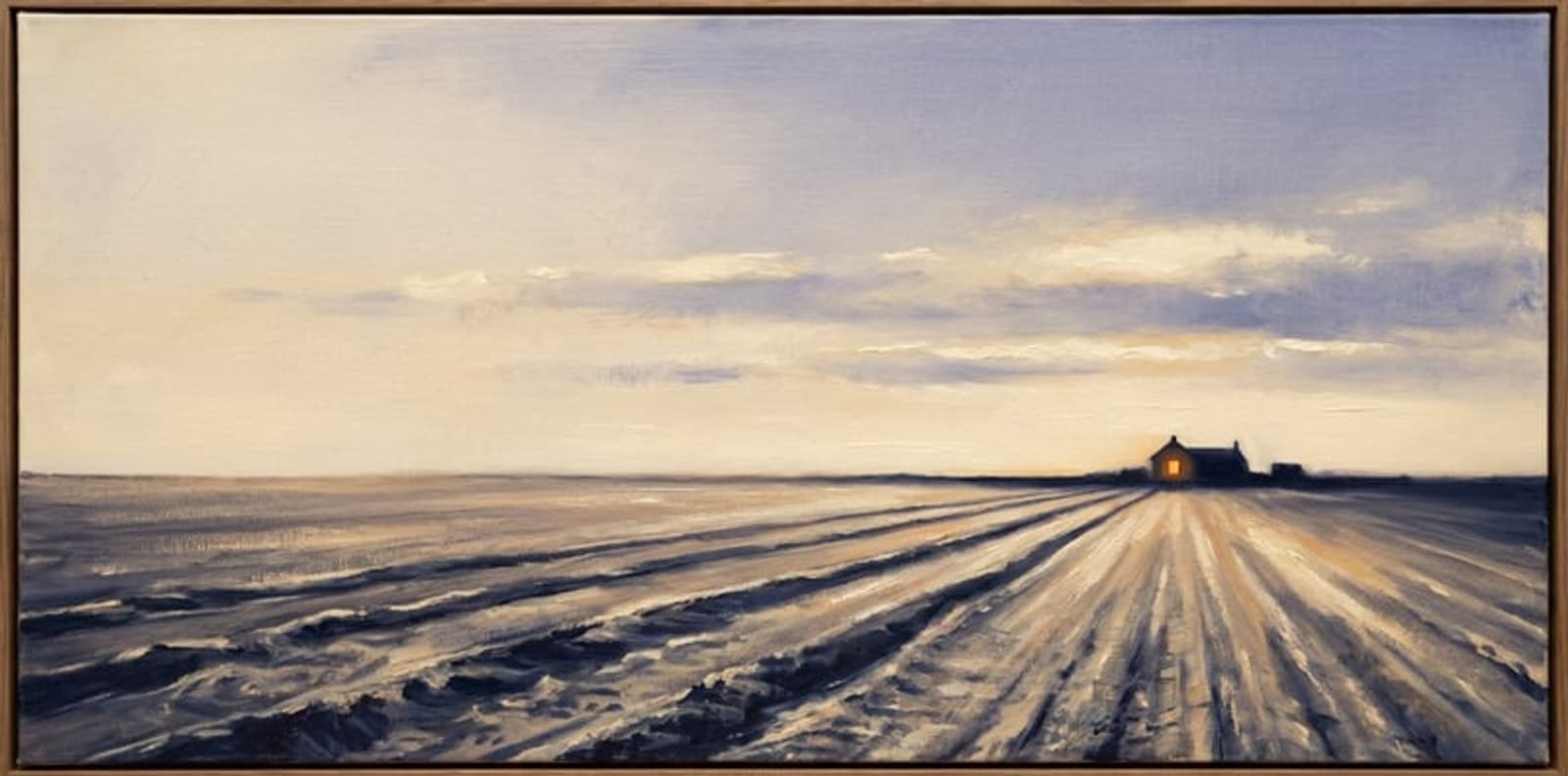 Painterly daylight composition: five deep-indigo silhouette pathways enter from the left edge of the frame and curve toward a single warm amber sun on the right horizon — the visual metaphor for five disciplinary tracks meeting one Kompas Skill Score. Small amber waymarkers dot each path; oil-brush texture throughout; cream paper background.